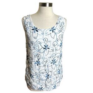 Luca Vanucci Top Womens Small Linen White Blue Floral Stitching Sleeveless
